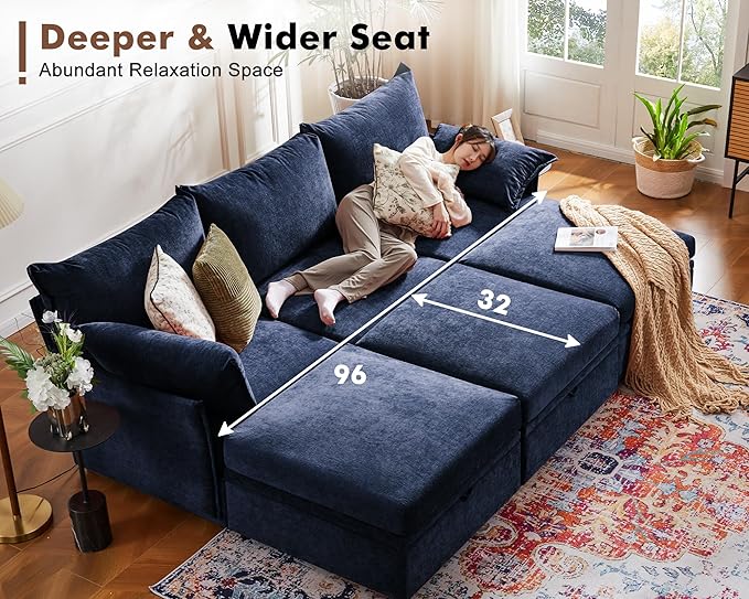 ABCASA 136.4" Oversized Modular Sectional Sleeper Sofa Bed, U Shaped Convertible Couch with Movable Ottoman, Large 8 Seat Corner Couches for Living Room Deep Seat Blue Chenille