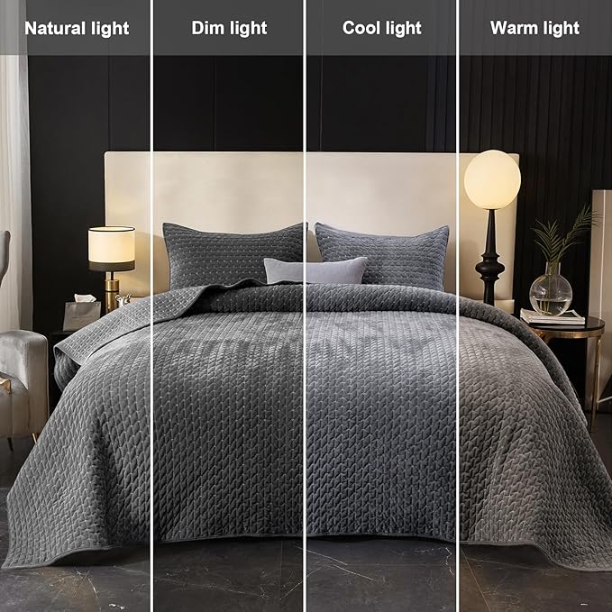 Powdion Velvet Quilt King Size, Oversized Bedspread Quilted Bedding Set, Luxurious Soft Coverlet Set Lightweight Velvet Comforter for All Season with 2 Pillow Shams, 96x106 Striped Quilt Set Gray