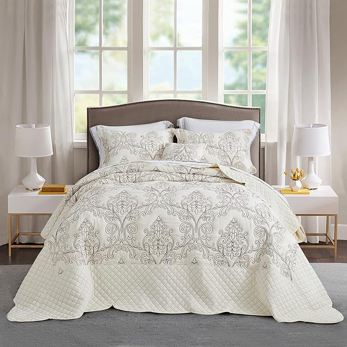 CHIXIN Bedspread Coverlet Quilt Set Full Size - Lightweight Bedding Cover - Beautiful Stitching - 5 Piece Reversible Bedspread - Luxury Damask Paisley Pattern (Full, Ivory)