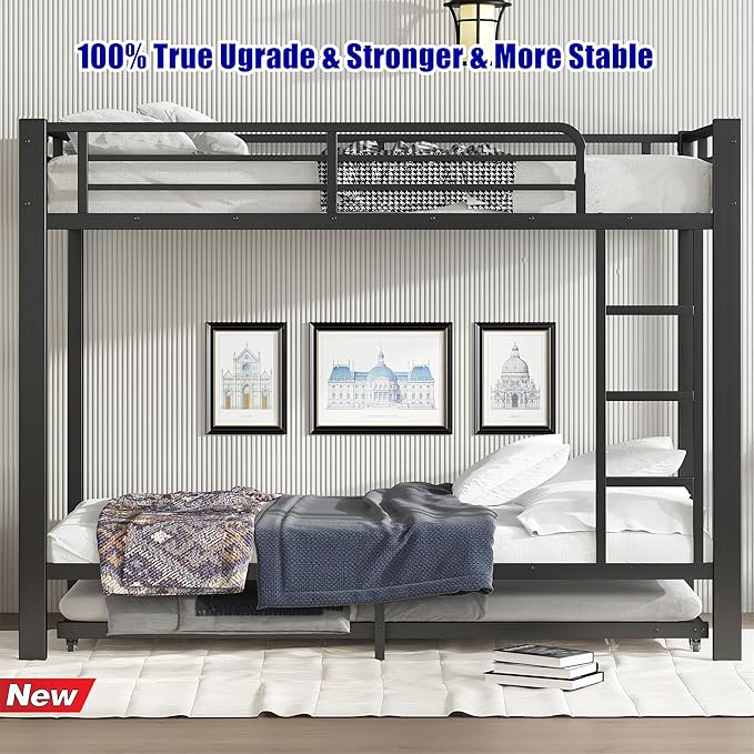 LUCALEO Stronger & Truly Reinforced Heavy Duty Metal Bunk Bed Twin XL Over Twin XL Size Bunkbed, Thickened More Stable & Safer Steel Bunk Bed Frame with Twin Size Trundle (Greater Weight Capacity)