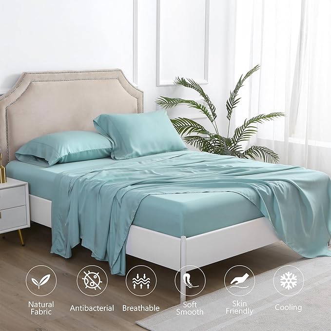 Linen World Lyocell Cooling Bed Sheets Set Queen Size,100% Organically Grown Viscose Sheets,Deep Pocket Up to 16",4 Pieces Silky Soft,Breathable Bedding Sheets & Pillowcases(Ice Blue,Queen)