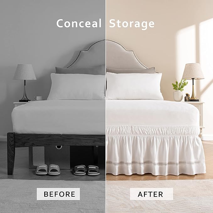MIYE Wrap Around Ruffled Lace Bed Skirt, Elastic Dust Ruffle with Adjustable Belts,15 Inch Drop Easy to Put On, Bed Frame Cover, Machine Washable (Ruffled Lace, Full/Twin-15)