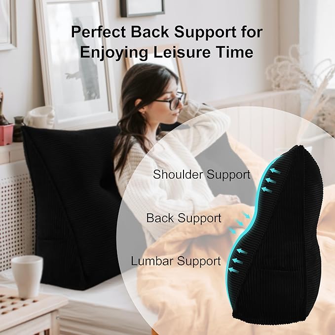 WOWMAX 100% Cotton Corduroy Headboard Pillow – Twin Size Back Support Reading Wedge for Bed & Daybed, Plush Handmade Bolster Cushion with Removable Cover, Cozy Bed Rest Pillow, Black