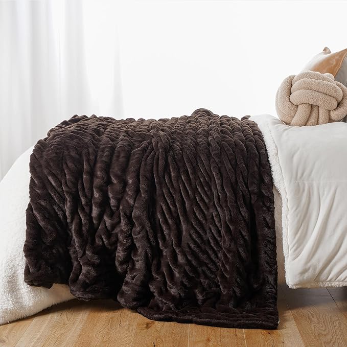 BATTILO HOME Dark Brown Faux Fur Throw Blanket for Couch, Double Side Reversible Ruched Rabbit Fur Blanket for Couch, Bed, Sofa, Soft Warm Mink Cozy Blanket, 50x60 Inch