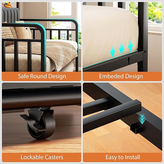 Daybed with Trundle and LED Light, Heavy Duty Metal Full Bed Frame with Upholstered Storage Headboard & Charging Station, Day Bed Pop Up Trundle Bed for Living Room,Bedroom and Guest Room, Black