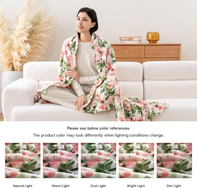 Luxury Printed Fleece Warm Throw Blanket, Soft Lightweight Velvety Plush Throw for Couch and Bed, Cozy Comfy for All Seasons(Ivory Pink Flowers, 50×70 Inches)