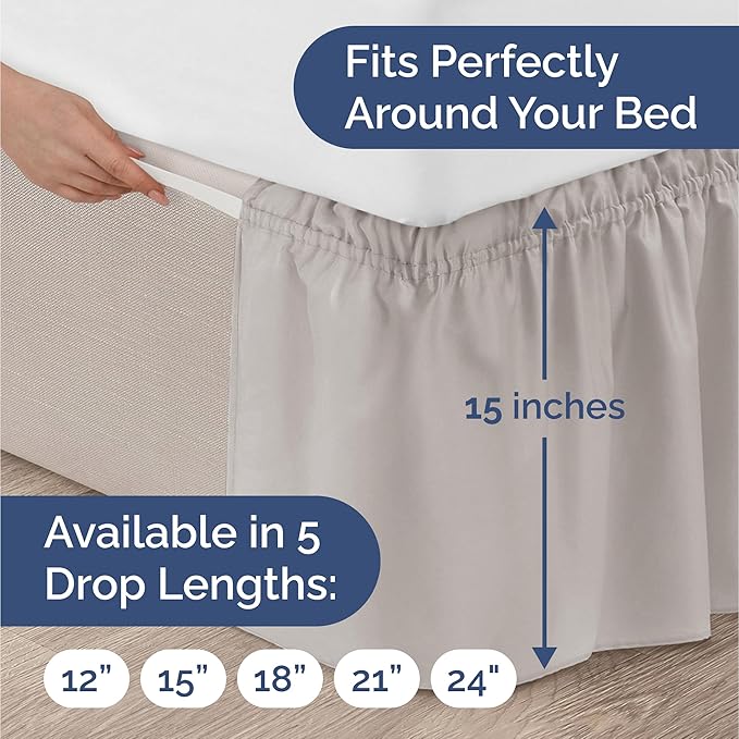 Wrap Around Dust Ruffle Bed Skirt - Light Grey - for King Size Beds with 15 Inch Drop - Elastic Strap - Adjustable Pleated Bedskirt with Brushed Fabric and Wrinkle Free - for Women, Men, Kids & Teens