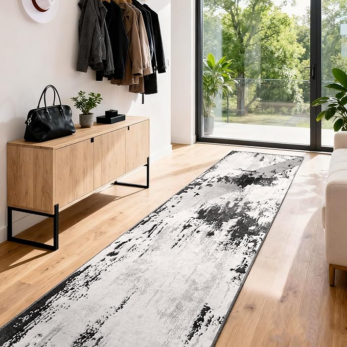 3x12 Long Hallway Runner Rug: Kitchen Rugs Non Slip Washable Low Pile Abstract Rug Runner with Rubber Backing Indoor Stain Resistant Carpet Runners for Bedroom Dining Living Room Black White