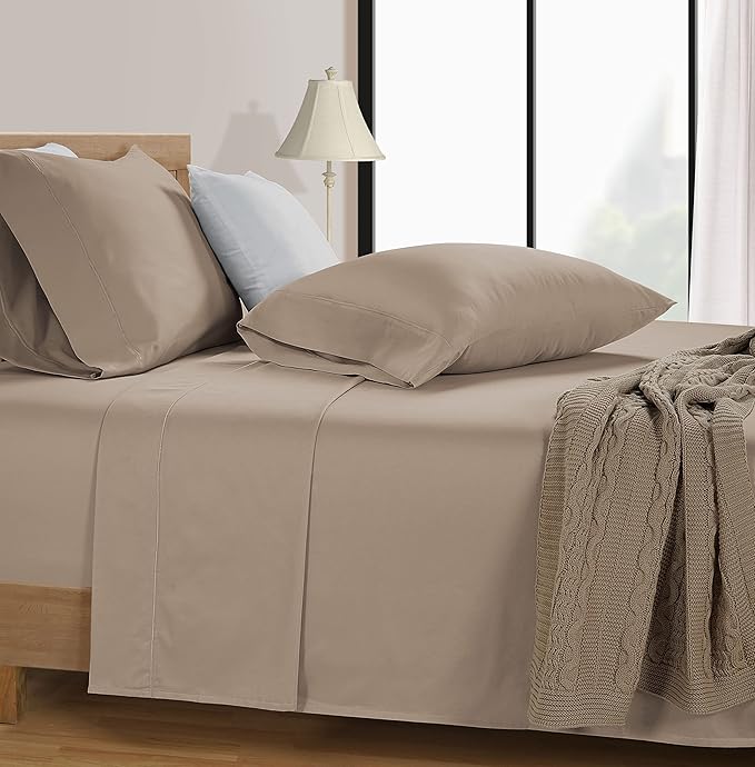 LANE LINEN 600 Thread Count 100% Cotton Sheets California King Size, Machine Washable Fully Elasticized Sofy & Comfy Low Pilling Cal Kings Sheets, Fade Resistant, Reinforced Fitted Pockets- Taupe