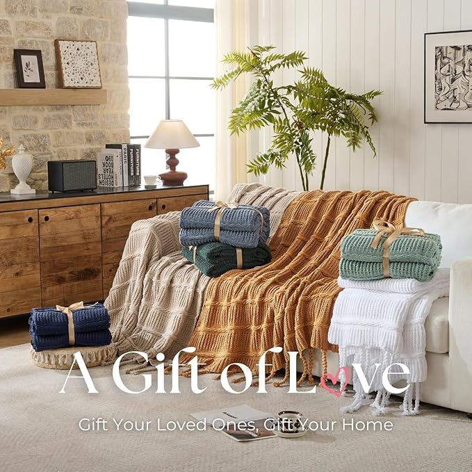 Boho Knitted Chenille Blanket with Tassels - Lightweight & Soft All-Season Throw - 3D Classic Pattern for Living Room Bedroom Couch, Amber Brown, Throw 50"x60"
