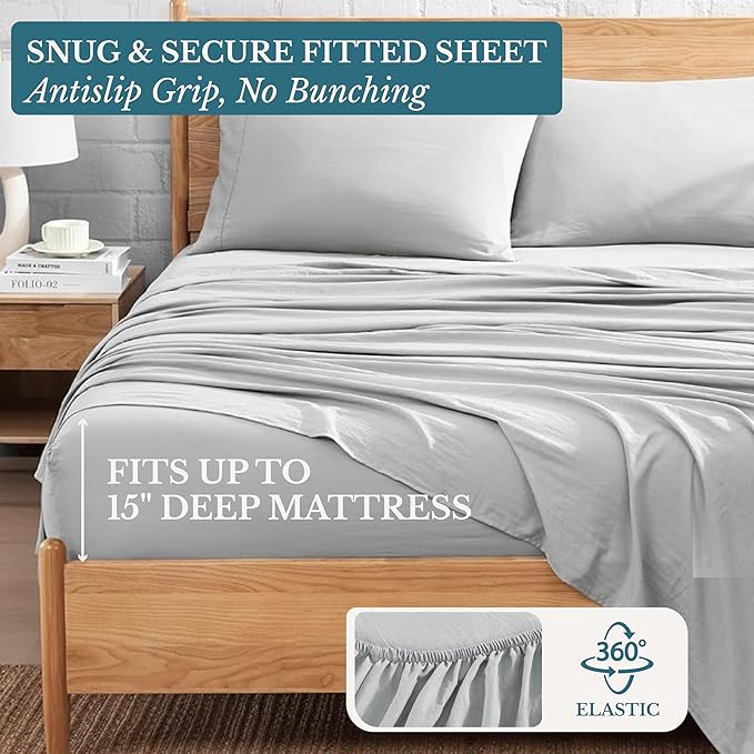 Casa Platino Queen Bed Sheet Set, Brushed Microfiber Bedding with 15” Deep Pocket Fitted Sheet, Pre-Washed & Fade Resistant, Soft Texture, Lightweight Queen Sheet Set for Everyday Use – Silver