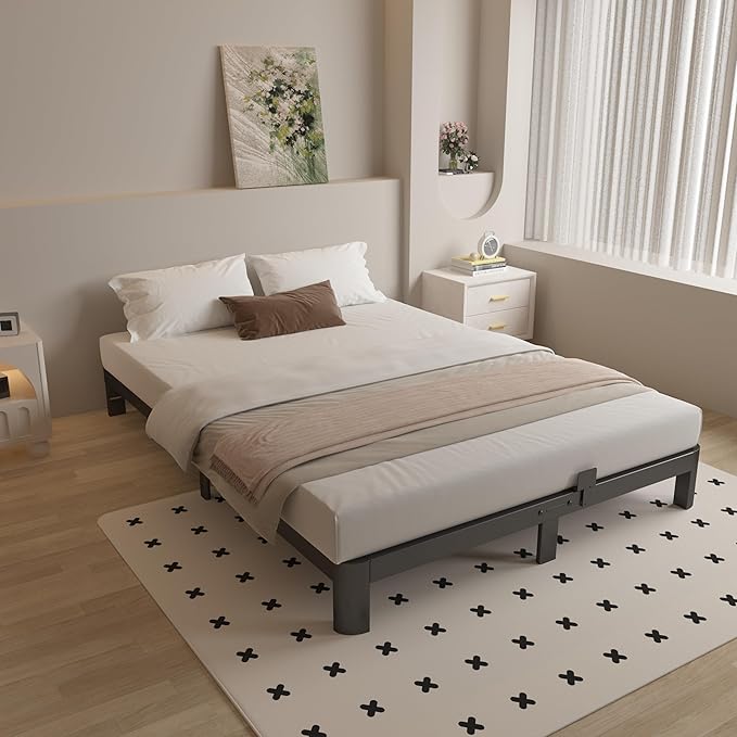 6 Inch Full Size Bed Frame with Metal Gaskets, Black Full Bed Frame No Box Spring Need, Heavy Duty Steel Platform Support, Reserved Holes, Round Corner Legs, Easy Assembly, Noiseless