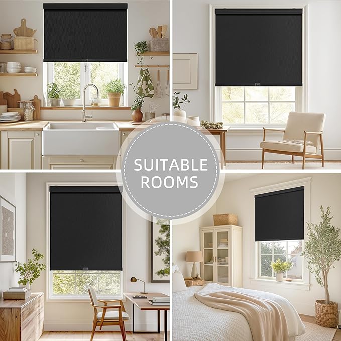 ChrisDowa Cordless Blackout Roller Shades for Windows, Striped Free-Stop Window Blinds with Privacy, Thermal Insulated Window Shades for Home, Office and Door. Black, 65" W x 72" H