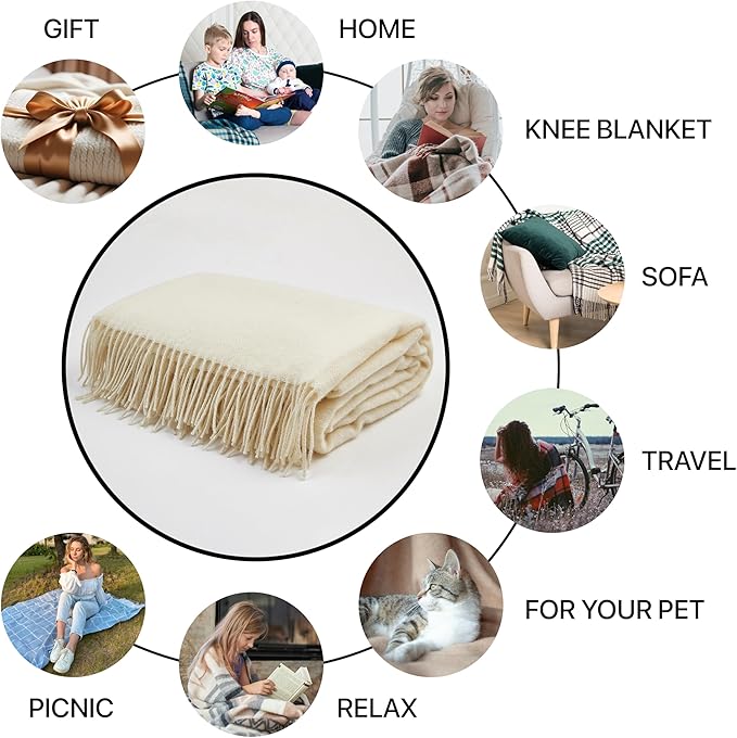 | Wool Blanket/Throw | 100% New Zealand Wool | Perfect for Home and Outdoors | Virgin Wool Throw with Fringes 75"x87" (190 x 220 cm)
