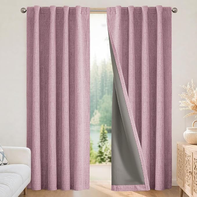 Joydeco Blackout Curtains for Bedroom - 84 Inch Long 100% Light Blocking 2 Panels Set Pink Drapes, Thermal Insulated Room Darkening Curtains, Linen Textured for Living Room, Rod Pocket & Back Tabs