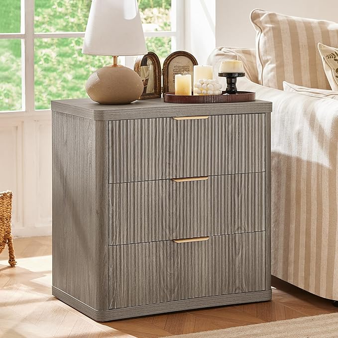 LEYAOYAO 48" Wide Fluted Dresser and 3 Drawers 23" Nightstand Set of 2, Wooden Dresser & Night Stand with Charging Station, 3 Piece Bedroom Furniture Set, Chest of Drawer for Living Room,Grey