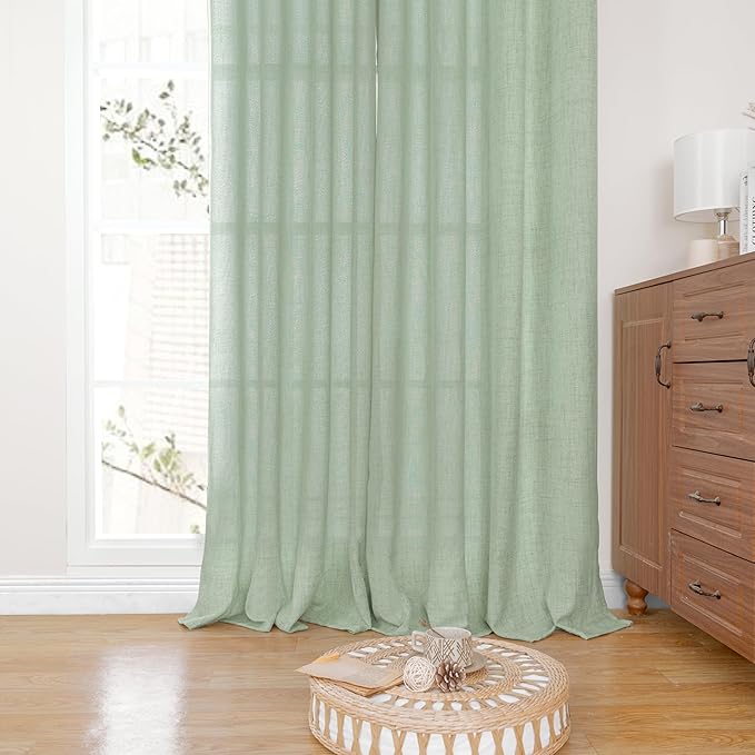 YoungsTex Sage Green Linen Curtains 84 Inches Long for Living Room, Light Filtering Drapes with Bronze Grommet Rustic Semi Sheer Spring Decorative for Dining Bedroom, 52 X 84 Inch, 2 Panels