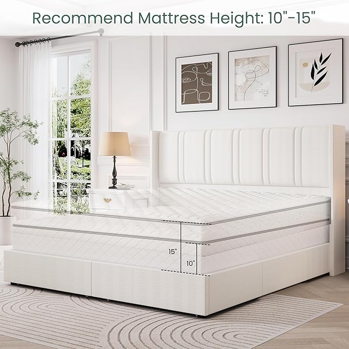 LARMACE Queen Size Bed Frame with 4 Storage Drawers and Wingback Headboard Linen Upholstered Platform Bed Frame with Wooden Slats, Easy Assembly, White