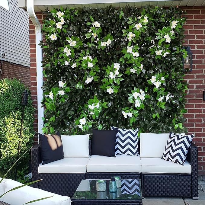 Sumery Expandable Fence Privacy Screen for Balcony Patio Outdoor,Decorative Faux Ivy Fencing Panel,Artificial Hedges (Single Sided Leaves) (4, Branches -White Fowers)
