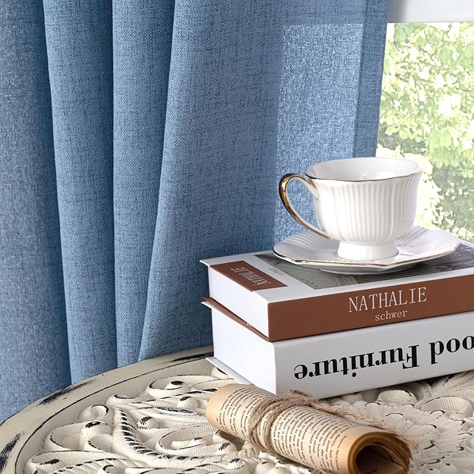 YoungsTex Blue Linen Curtains 54 Inches Length for Short Window - Bronze Grommet Light Filtering Drapes Privacy for Bedroom Kitchen Bathroom Decorative, 42 x 54 Inch, 2 Panels