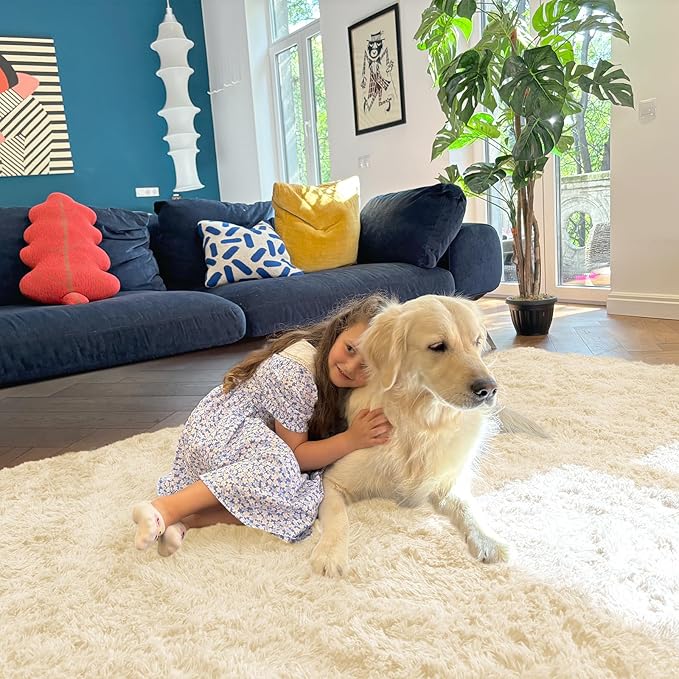 OLANLY 2x6 Machine Washable Runner Rugs for Hallway, Soft Fluffy Shaggy Bedside Rugs for Bedroom, Living Room, Indoor Floor Carpet for Kids Girls and Boys, Home Decor Aesthetic, Cream