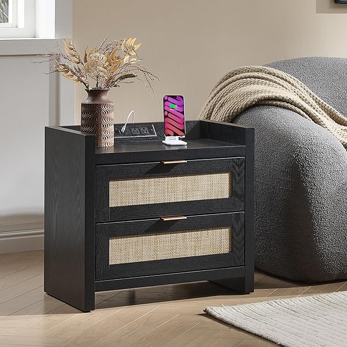 SICOTAS Night Stand Bedside Table - Rattan Nightstand End Table with Type-C Charging Station, 2 Drawers Storage Boho Night Stands for Bedroom - Black Oak