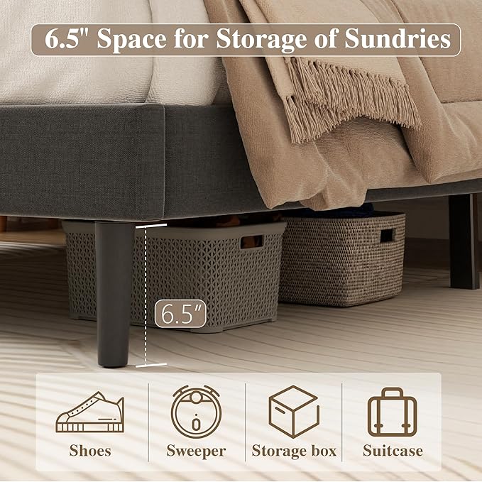 Queen Size Bed Frame with Diamond Tufted Headboard, Linen Upholstered Platform Bed and Wooden Slat Support, Noise-Free, No Box Spring Needed, Easy Assembly, Dark Grey