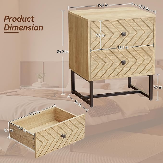 Modern Nightstand Set of 2,Morden Night Stand with 2 Drawers,End Tables with Storage,Bedside Tables for Bedroom,Oak