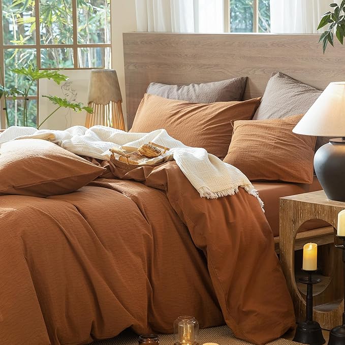 MooMee Wavy Striped Duvet Cover Set 100% Washed Cotton Linen Like Textured Breathable Durable Soft Comfy (Dark Orange, King 104"x90")