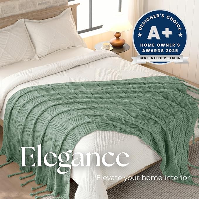 Boho Knitted Chenille Blanket with Tassels - Lightweight & Soft All-Season Throw - 3D Classic Pattern for Living Room Bedroom Couch, Sage Green, Throw 50"x60"
