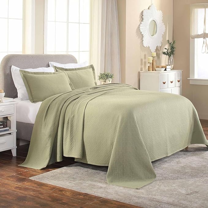 Superior 100% Cotton Basket Weave Bedspread with Shams, All-Season Premium Cotton Matelasse Jacquard Bedding, Quilted-Look Geometric Basket, King, Sage