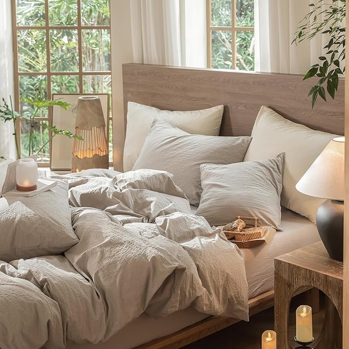 MooMee Wavy Striped Duvet Cover Set 100% Washed Cotton Linen Like Textured Breathable Durable Soft Comfy (Beige, Oversized King Plus 128"x120")
