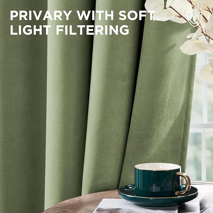 Joydeco Coconut Green Velvet Curtains 108 Inches 2 Panels, Luxury Thermal Insulated Soft Green Curtains for Bedroom & Living Room, Room Darkening Velvet Drapes, Rod Pocket (52W x 108L)
