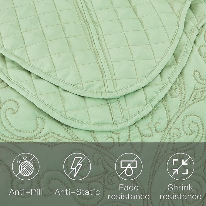 CHIXIN Oversized Bedspread Coverlet Set King Size - Lightweight Bedding Cover - Beautiful Stitching - 5 Piece Reversible Bedspread - Luxury Damask Paisley Pattern (King, Peak Green)