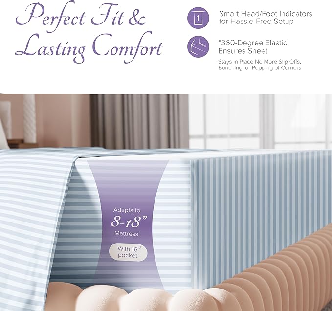 Carressa Linen Luxury Egyptian Cotton Full Stripe Sheet Set - 600 Thread Count Extra Long Staple 4 PC Set, Light Blue Full Damask Sheets, Soft, Cooling Sateen Weave Sheets Upto 18 in Deep Pocket