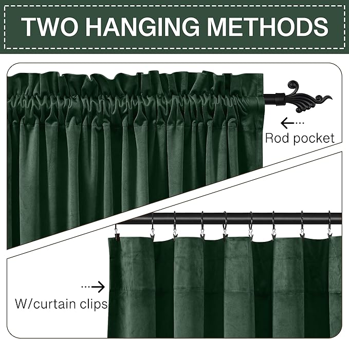 StangH Dark Green Curtains Blackout Thermal Insulated Velvet Drapes Rod Pocket Noise Reducing for Hallway/Living Room/Bedroom, Christmas Home Decor, W42 x L90, 2 Panels