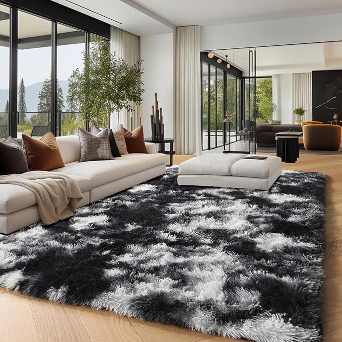 PAGISOFE Black White Grey Rugs for Living Room 5x8, Shag Fuzzy Fluffy Rectangular Rugs for Kids Room Playroom Classroom Dorm Shaggy Soft Carpet for Home Decor Aesthetic Plush Bedside Rug Modern Cool