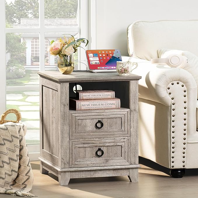 18" Farmhouse Night Stand with Charging Station, 2 Drawers End Table Dresser for Bedroom, Oak Wooden Nightstand, Bed Side Table with Open Shelf, Bedside Cabinet for Living Room, Closet
