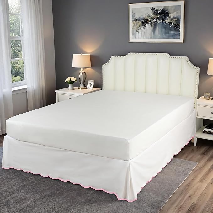 HIG Off-White Chic Queen Bed Skirt - Easy Fit Scallop Edge Pleated Bedskirts, 14 Inch Drop Anti-Slip Dust Ruffle, Thick Fabric for Enhanced Privacy, Pre-Washed for Long-Lasting Use(N60022)