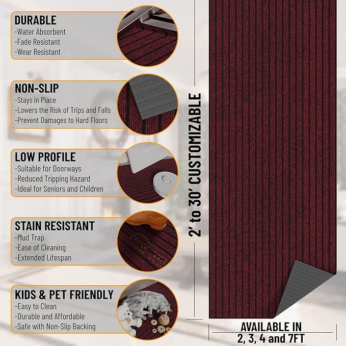 Ottomanson 2' x 5' Hallway Runner with Scraper Pile - Extra Durable Non-Slip Rug Mat for Indoor & Outdoor Use - Ideal for Kitchen, Entryway, Patio & Garage - High-Traffic Carpet, Red