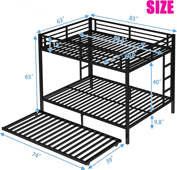 Upgraded Version Thicken Metal Queen Over Queen Bunk Bed with Trundle, Heavy-Duty Steel Bunk Bed for Adults, Easy Assemble (with Trundle)