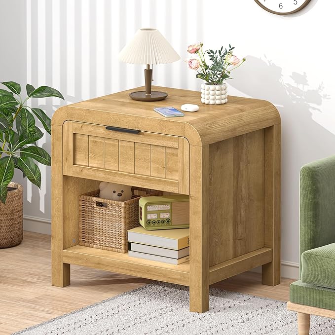 IKENO Wood Nightstand Set of 2 with Storage Drawer, 21" Wide NightStand with Curved Profile Design, Bedside End Table for Bedroom, Living Room, Closet (2, Natural Oak, 1 Drawer)