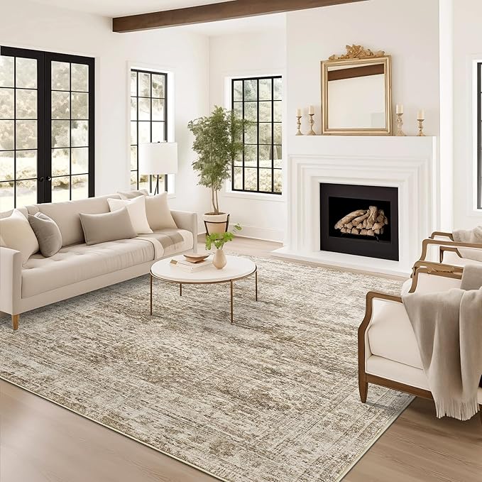 Area Rug 10x12 Vintage Washable Living Room Large Carpet Non Slip Bedroom Indoor Office Dining Room Low Pile Thin Rug Brown