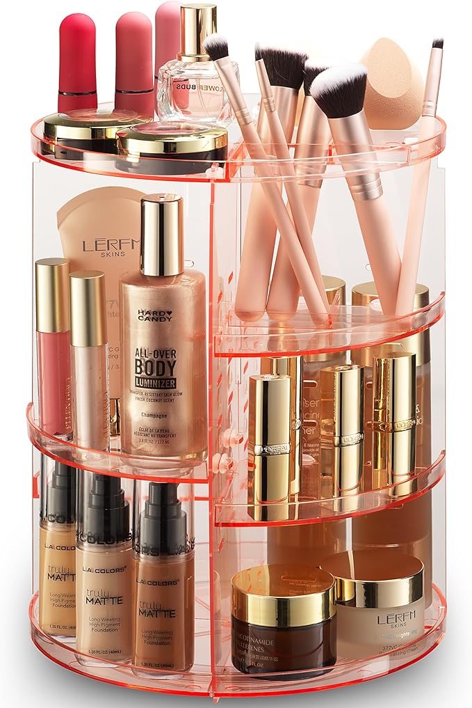 Masirs 360 Rotating Makeup Organizer - Adjustable Shelf Height and Fully Rotatable - The Perfect Round Spinning Cosmetic Organizer for Bedroom Dresser or Vanity Countertop Storage (Pink)