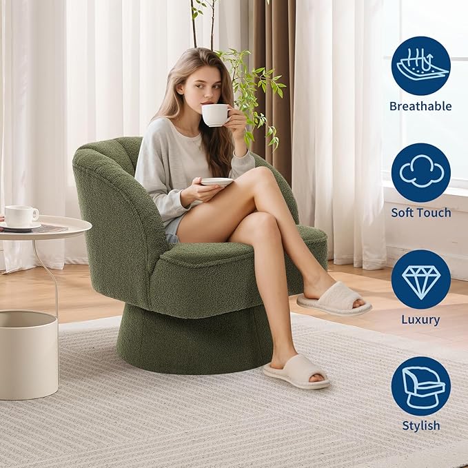 GarveeHome Modern Swivel Barrel Accent Chair, 360° Teddy Fabric Upholstered Armchair with Striped Backrest & Plush Padding, Comfy Round Lounge Chair for Living Room, Bedroom, Reading Nook, Green