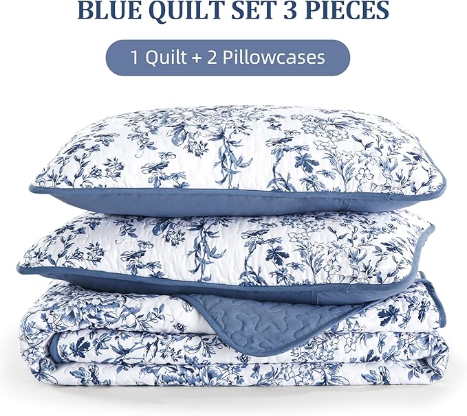 WONGS BEDDING Quilt Queen Size, Blue Quilt Bedding Set with 2 Pillowcases, Botanical Quilts for Queen Bed, Soft Microfiber Lightweight Coverlet Bedspread for All Season (96"×90", 3 Pieces)
