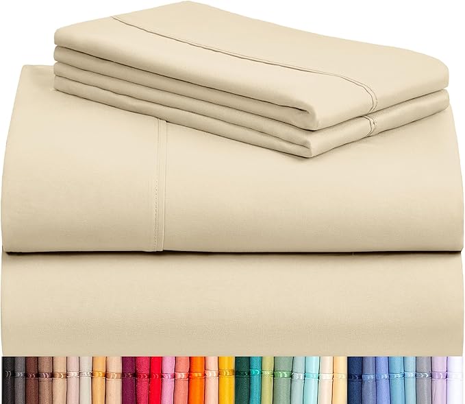 LuxClub 4 PC Full Sheet Set, Deep Pockets Wrinkle Free Cooling Bed Sheets Hotel Bedding for Women, Men, Kids & Teens, Includes 1 Fitted Sheet, 1 Flat Sheet and 2 Pillowcases-Cream