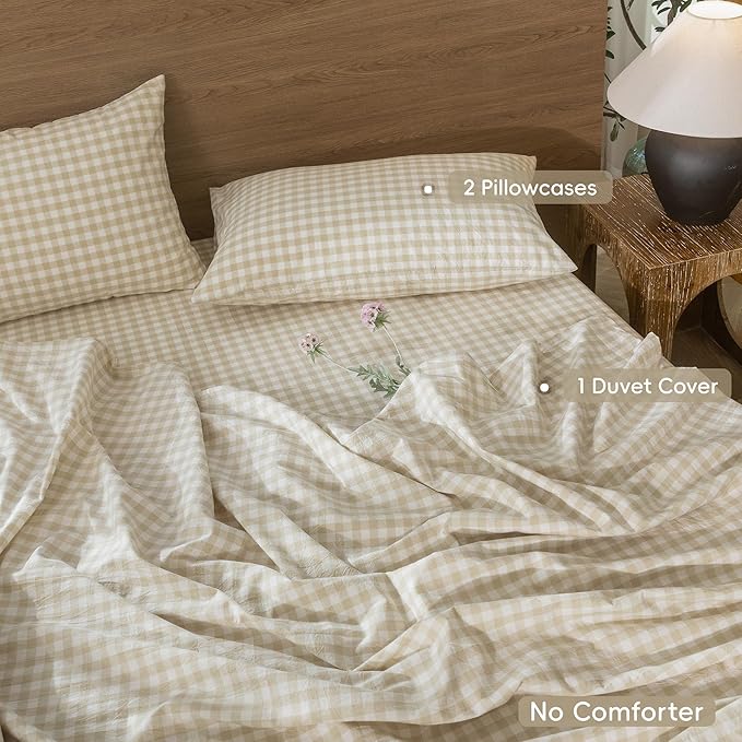 MooMee Gingham Duvet Cover Set 100% Washed Cotton Linen Like Textured Breathable Durable Soft Comfy Modern Checkered Design (Almond Milk Grey Gingham, Oversized Queen 98"x98")