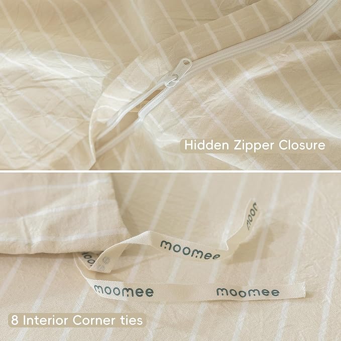 MooMee Striped Duvet Cover Set 100% Washed Cotton Linen Like Textured Breathable Durable Soft Comfy (Almond Milk Grey White Wide Stripes, Oversized King Plus 128"x120")