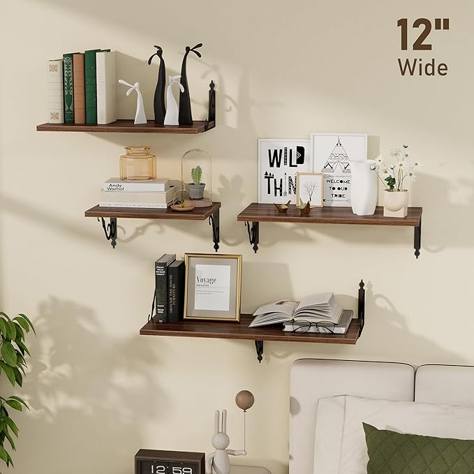 Dreamland Deep Floating Shelves, 16" W x 12" D Wall Shelves Set of 2, Wide Display Shelf Wall Mounted with Brackets, Bookshelf for Living Room, Bathroom, Bedroom, Walnut